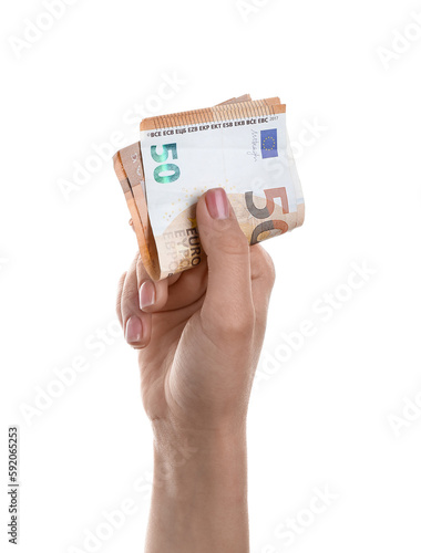 Woman with euro banknotes on white background
