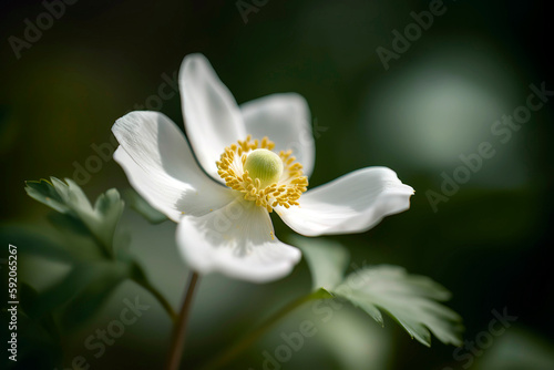 Close-up of a delicate, white anemone flower, its soft petals surrounding a golden center, set against a blurred background of rich green foliage.