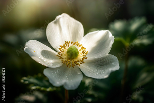 Close-up of a delicate  white anemone flower  its soft petals surrounding a golden center  set against a blurred background of rich green foliage.