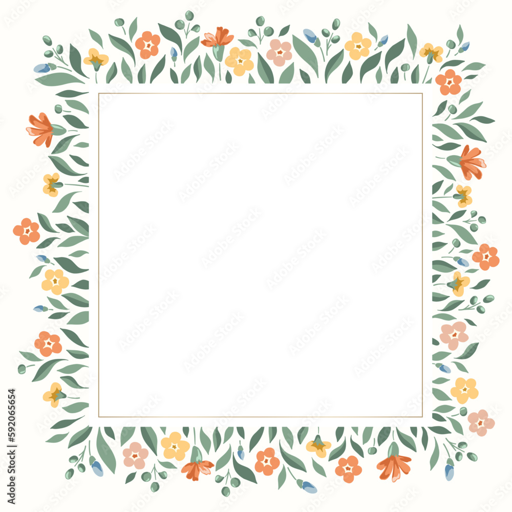 Delicate Chintz Romantic Meadow Wildflowers Vector Square Frame. Cottagecore Garden Flowers and Foliage Wedding Invitation. Homestead Bouquet. Farmhouse Background