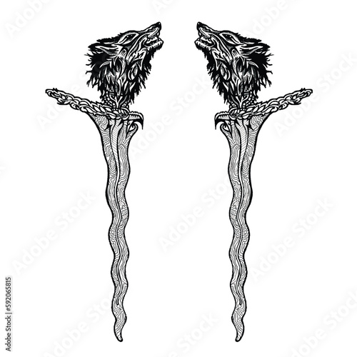 dagger kris hand drawing engraving illustration isolate on white background