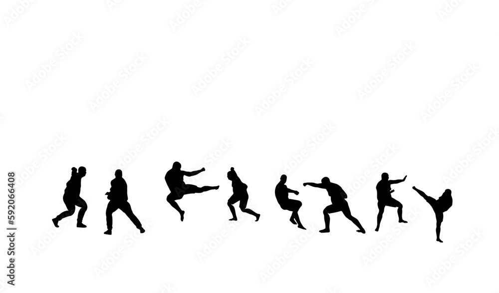 A group of silhouettes fighting on a transparent background