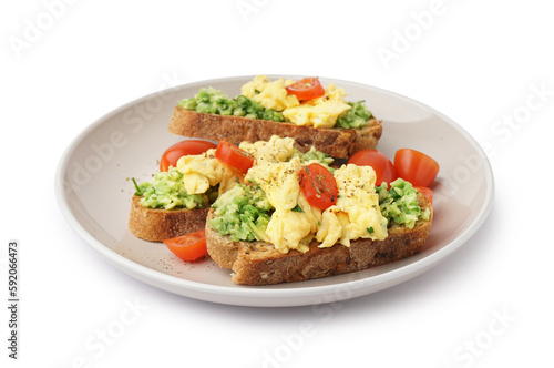 Plate with tasty scrambled eggs sandwiches and vegetables on white background