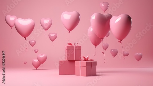 Valentines day concept 3D heart shaped balloons flying with gift boxes on pink background. Love concept for Happy Mother's Day. Valentine's Day. Generative AI © cac_tus