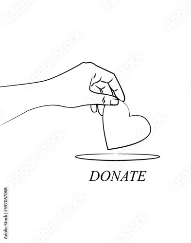 Donate. A helping hand. Icon for charity. Vector black and white illustration. Heart.