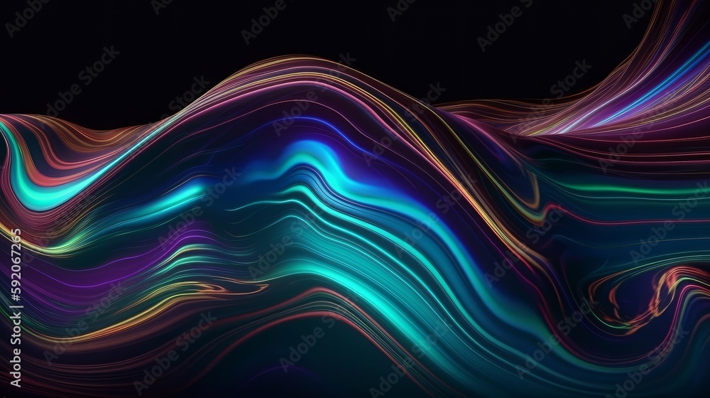 Fluid holographic curved wave in motion, designed using the golden ratio composition for an aesthetically pleasing result, perfect for backgrounds, banners, wallpapers. Generated by AI Fluid holographic curved wave in motion, designed using the golden ratio composition for an aesthetically pleasing result, perfect for backgrounds, banners, wallpapers. Generated by AI