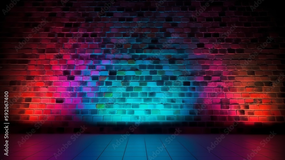 Futuristic neon lights on grunge brick wall, blending retro and modern vibes. Generative ai