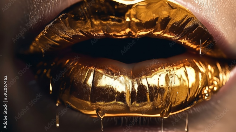 Golden lips shimmer, digital art illustration, Generative AI