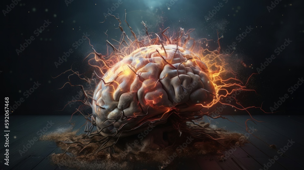 Brain with colorful powder explosion on a dark background. Mental health, creativity, innovation, and ideas concept. Generative AI Brain with colorful powder explosion on a dark background. Mental health, creativity, innovation, and ideas concept. Generative AI