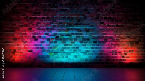 Futuristic neon lights on grunge brick wall  blending retro and modern vibes. Generative ai