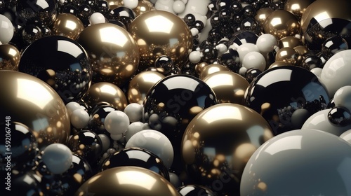 Cluster of abstract spheres and solids, gold, white and black. Generative ai © cac_tus