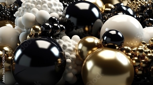 Cluster of abstract spheres and solids, gold, white and black. Generative ai