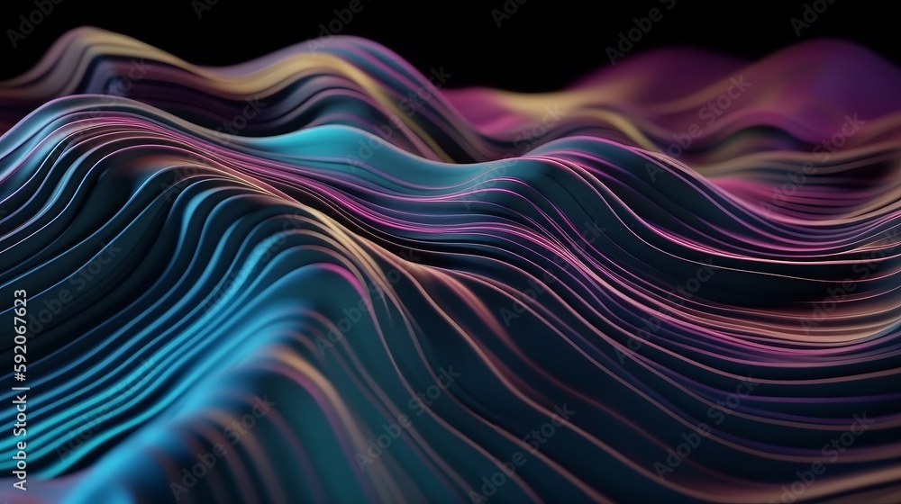 Abstract fluid iridescent holographic neon curved wave in motion colorful background 3d render. Generative AI Abstract fluid iridescent holographic neon curved wave in motion colorful background 3d render. Generative AI