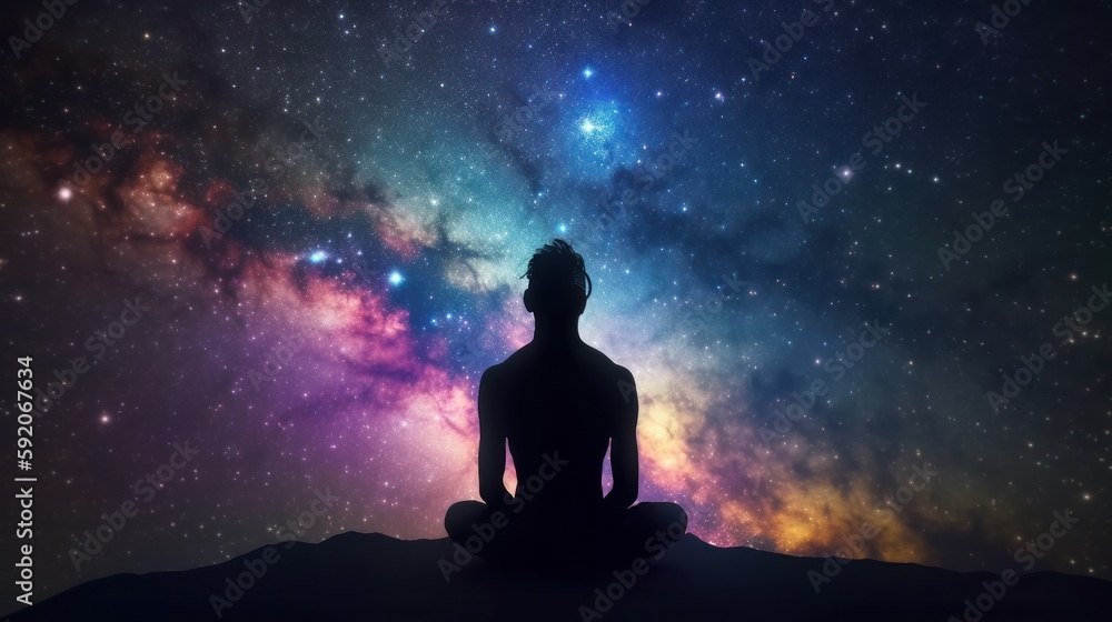 Mental health concept, cosmic man silhouette in meditation in colorful space. Generative ai