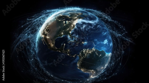Image of the planet Earth in space experimental fiber - optic communications and Internet communications. Generative ai