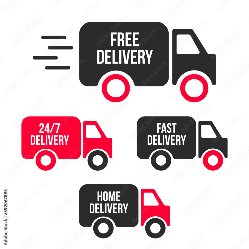Set of delivery icons. Fast delivery, free delivery, 24/7 delivery, home delivery trucks. Vector illustration set Set of delivery icons. Fast delivery, free delivery, 24/7 delivery, home delivery trucks. Vector illustration set