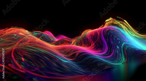 Abstract fluid iridescent holographic neon curved wave in motion colorful background 3d render. Generative ai