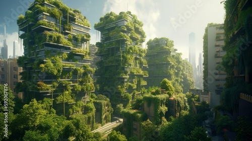 Splendid environmental awareness city with vertical forest concept of metropolis covered with green plants. Generative ai © cac_tus