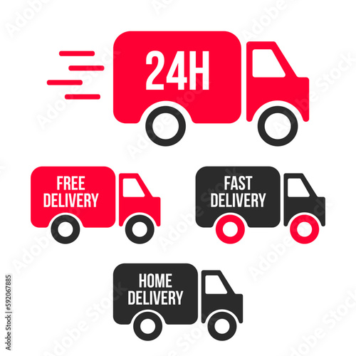 Set of delivery icons. Fast delivery, free delivery, 24 hours, home delivery trucks. Vector illustration set