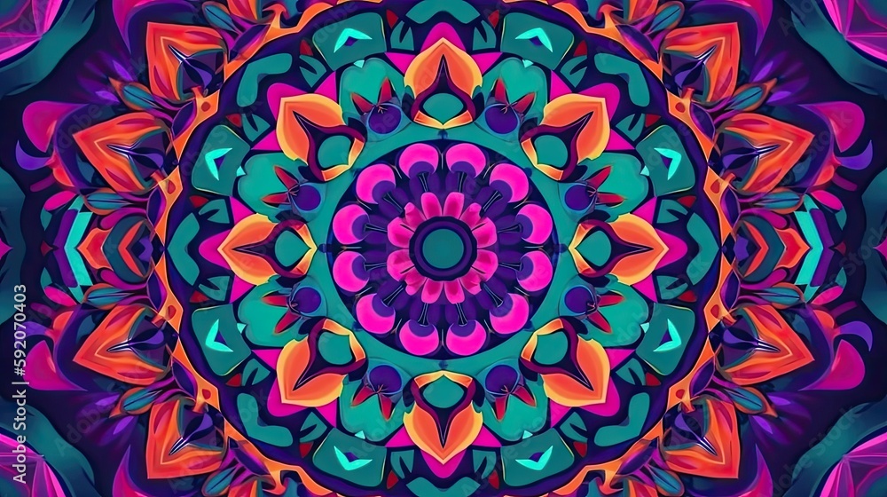 Kaleidoscopic patterns and a bright color scheme with a playful style created with generative AI technology Kaleidoscopic patterns and a bright color scheme with a playful style created with generative AI technology