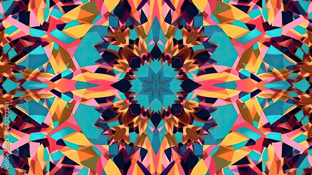 Kaleidoscopic shapes with bright colors in a playful design created with generative AI technology