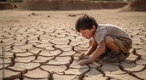 boy looking at a dry lake, in the style of environmental awareness, eastern and western fusion. Climate change. drought. environmental disaster. created with ai