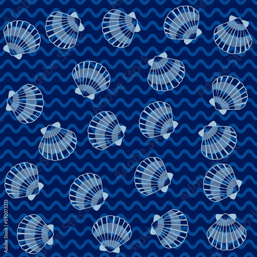 Bivalve mollusk cockleshell on waves backdrop, oceanic sea shell seamless pattern.