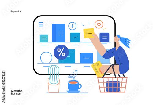 Memphis business illustration. Buy online -modern flat vector concept illustration of a woman with a shopping cart choosing articles in a shop app. Commercial business sales metaphor.