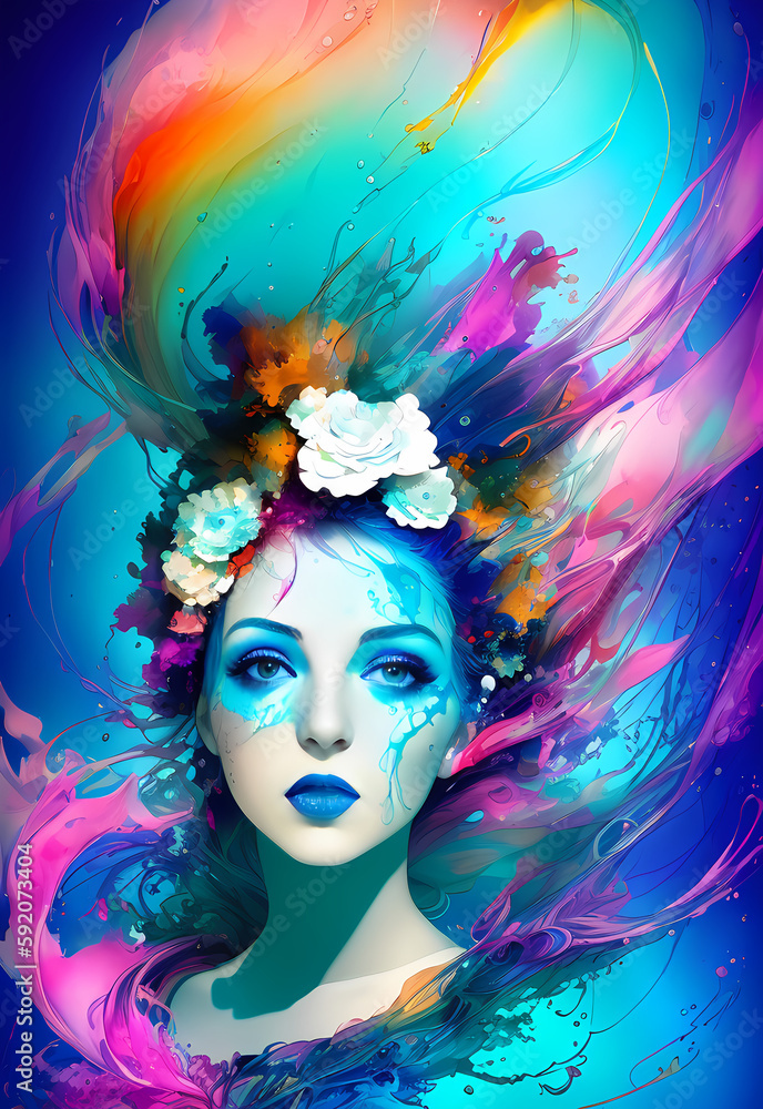 abstract colorful underwater ink art of a beautiful woman, romantic lighting,  generative ai generativ ki, digital painting, watercolor, aquarelle