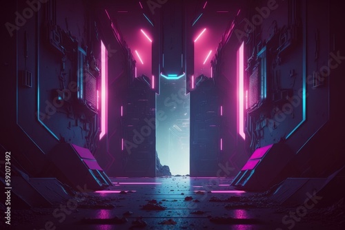 Cyberpunk style, lit up by purple and cyan neon signs. Scene at night. Generative AI