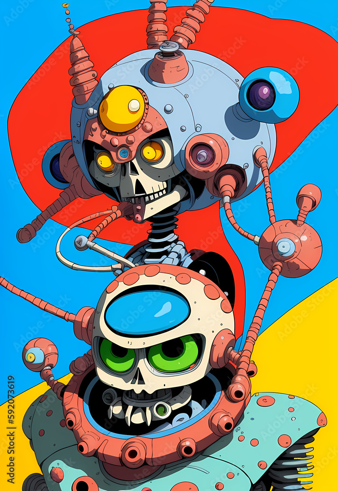 crazy comic robot android in vibrant colors out of space on an alien planet, generative ai generativ ki, digital art, painting, poster design, 60th cartoon style crazy comic robot android in vibrant colors out of space on an alien planet, generative ai generativ ki, digital art, painting, poster design, 60th cartoon style