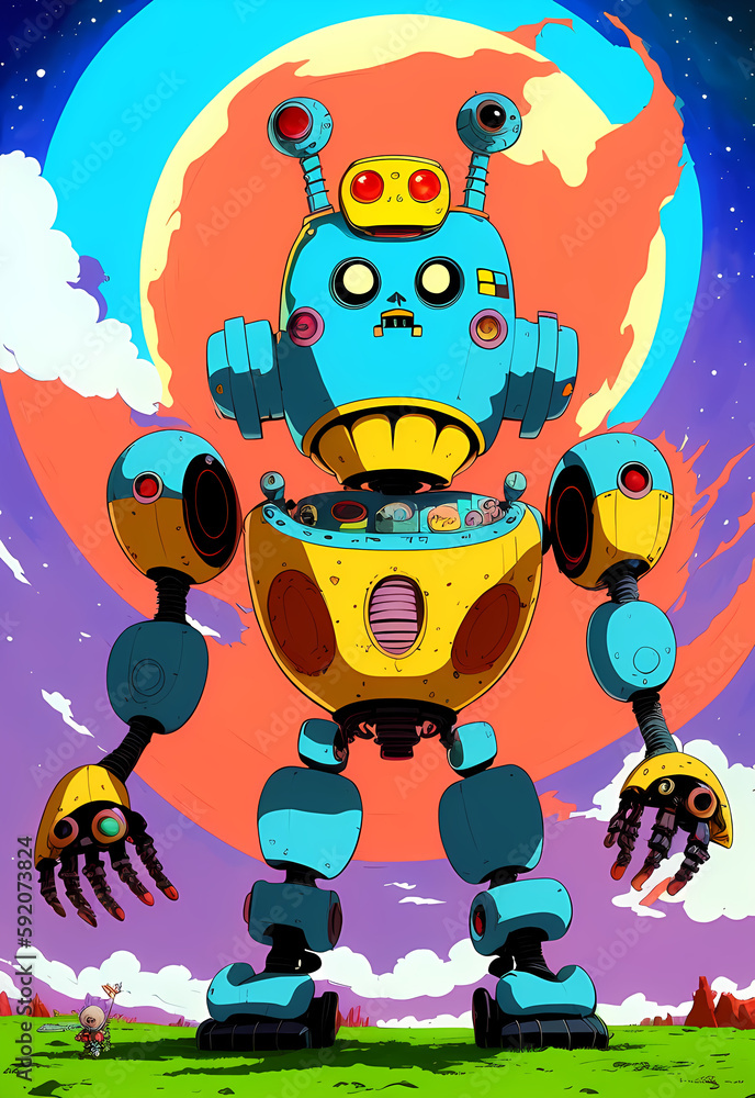 crazy comic robot android in vibrant colors out of space on an alien planet, generative ai generativ ki, digital art, painting, poster design, 60th cartoon style