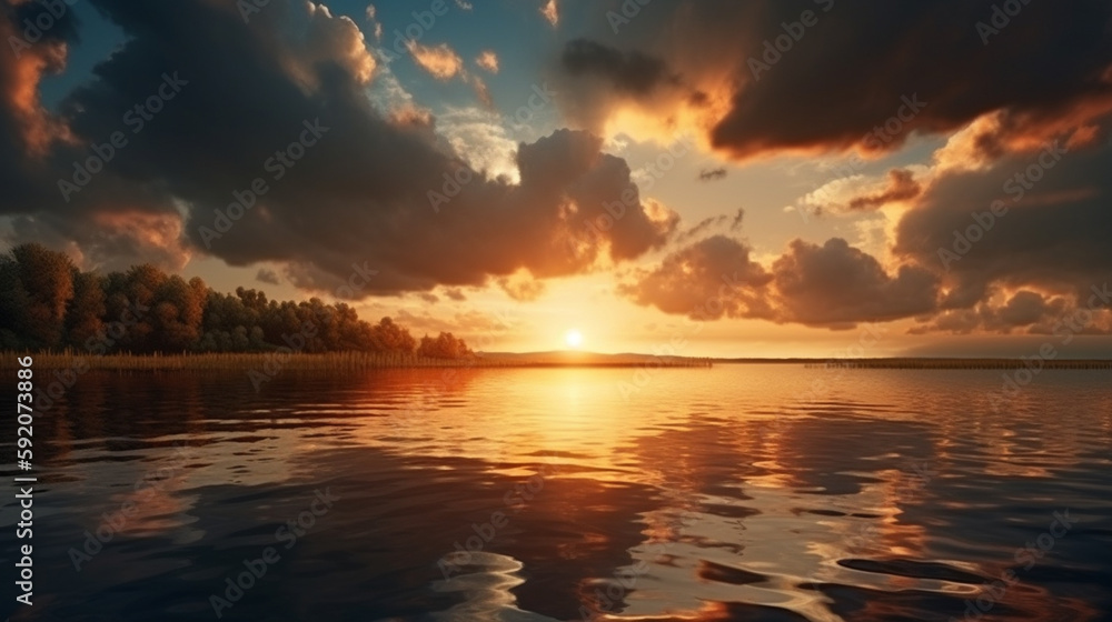 A sunset over a lake with clouds and a sunset.generative ai A sunset over a lake with clouds and a sunset.generative ai