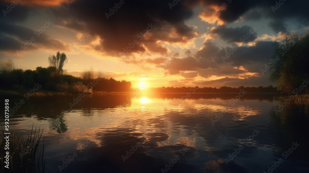 A sunset over a lake with clouds and a sunset.generative ai A sunset over a lake with clouds and a sunset.generative ai