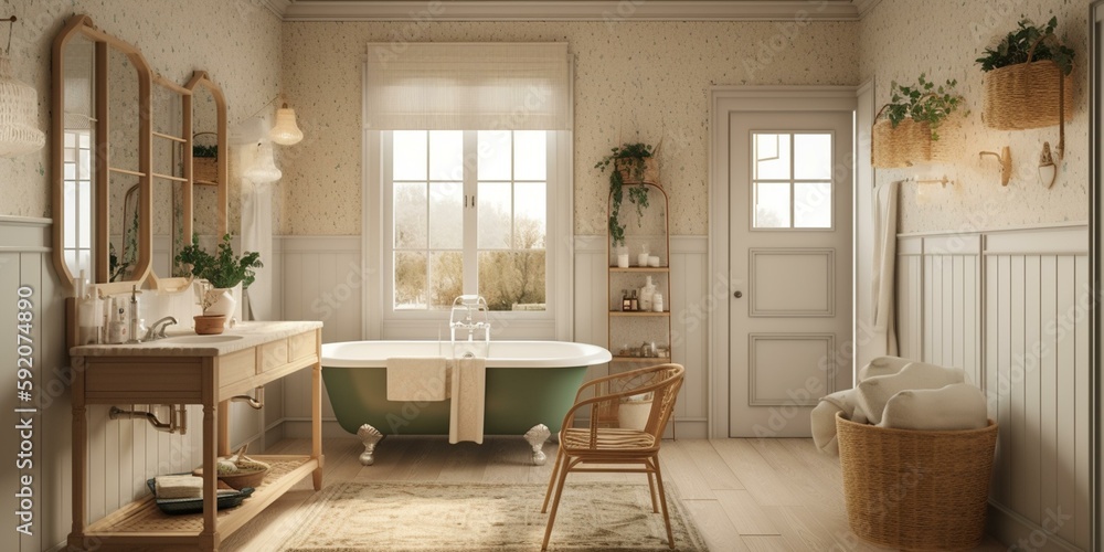A cozy Cottage style Bathroom with a neutral color palette, a woven ...