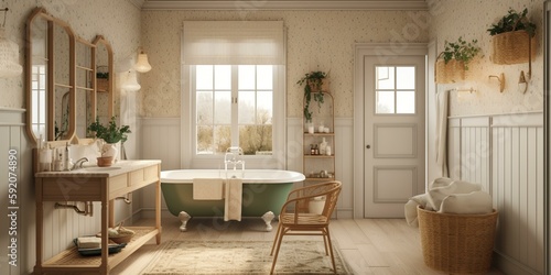 A cozy Cottage style Bathroom with a neutral color palette, a woven wicker stool, and a floral accent wall adding a touch of femininity, generative ai
