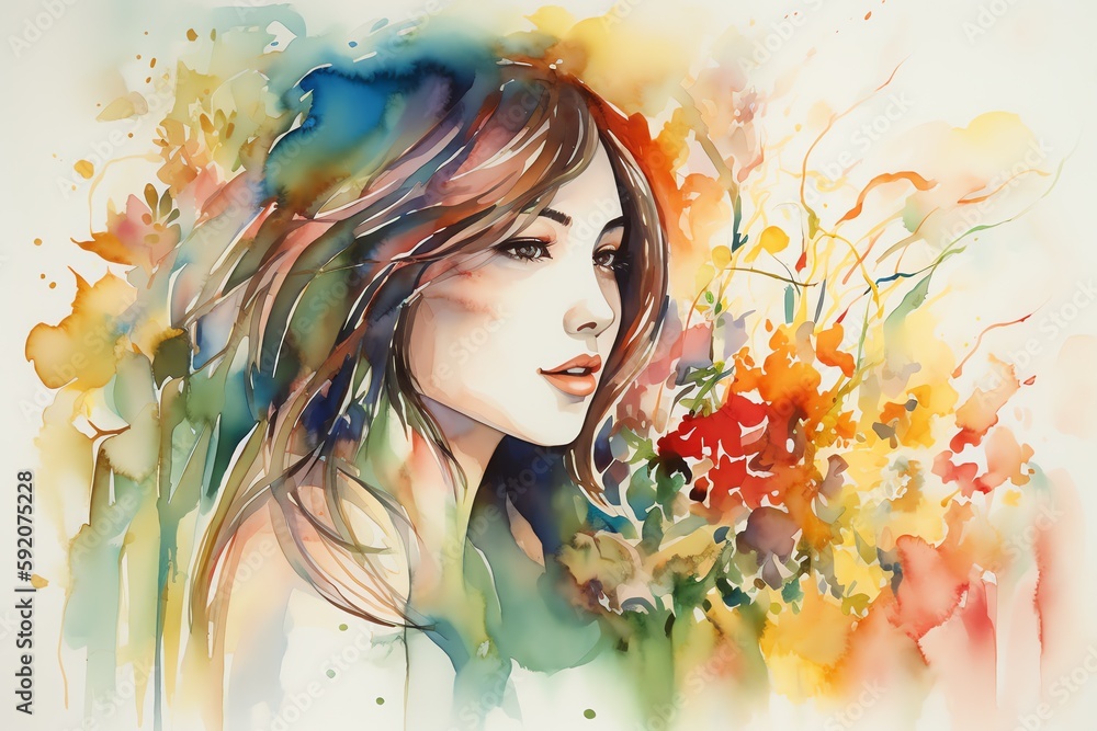 watercolor woman with flowers 