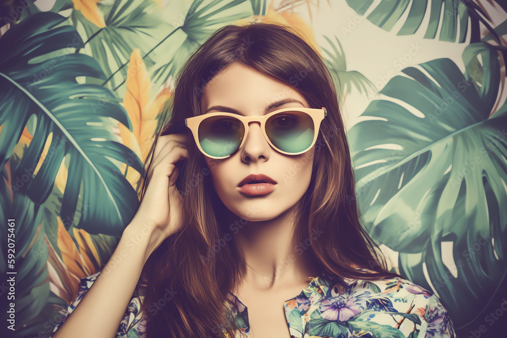retro woman in sunglasses with palm leaves retro woman in sunglasses with palm leaves