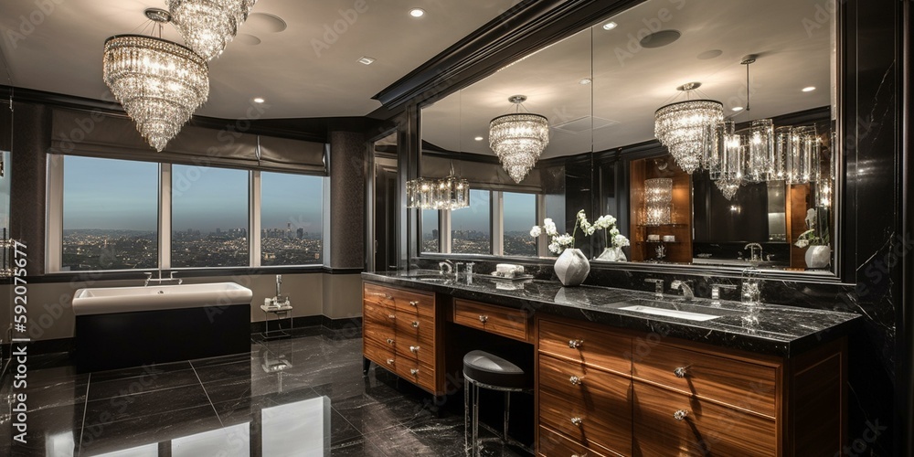 A glamourous Bathroom featuring a rich leather vanity, high gloss wood paneling, and crystal lighting fixtures, generative ai