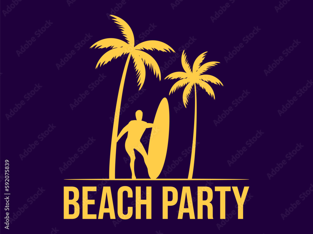 Beach party poster with surfer, surfboard and palm trees. Silhouette of a surfer and palm trees. Summer time. Design of banners, booklets and promotional materials. Vector illustration