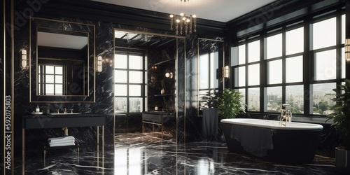 A luxurious Art Deco bathroom with dramatic black lacquer walls and rich, veined marble accents, generative ai