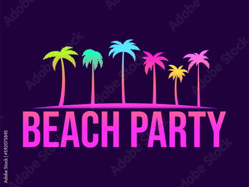 Beach party poster with silhouette of gradient palm trees in 80s style. Gradient tropical palms. Summer time. Design for banners, booklets and promotional materials. Vector illustration