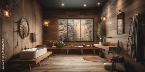 A cozy and inviting Bathroom with a natural wood wall accent  leather bench  and retro lighting  generative ai