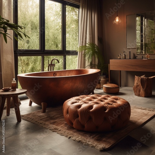 A luxurious Bathroom with a wooden bathtub and leather ottoman  generative ai