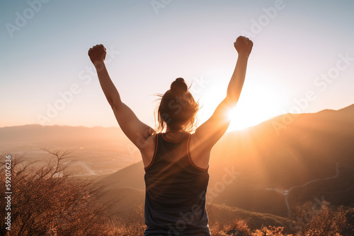Fotografia strong motivated woman celebrating workout goals towards the sun