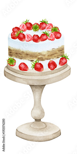 Cream cake on a stand decorated with strawberries. Watercolor holiday clipart for design of postcards  greeting cards  invitations  menus  logos  fabric prints. Wedding  birthday  anniversary design. 