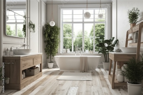 A bright Coastal Bathroom with white Wood textures complemented by a Floor-Mounted tub in the center of the scene  generative ai