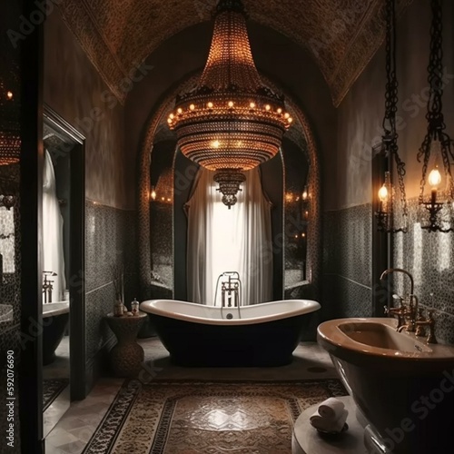 A dramatic Moroccan Bathroom with soaring arches and a beautifully crafted metal chandelier  generative ai