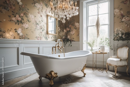 A glamorous Vintage Bathroom featuring Brass fixtures  Crystal chandeliers and a clawfoot tub surrounded by delicate floral wallpaper  generative ai