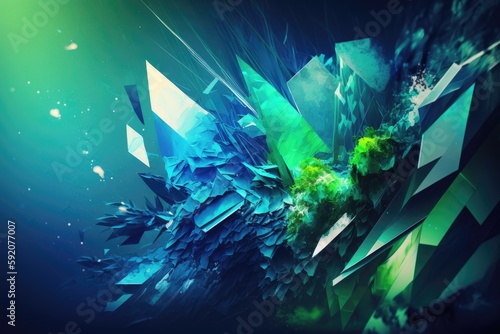 abstract blue and green shapes in a digital painting. Generative AI